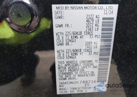 2015 Nissan Rogue Sl from USA, damaged, VIN 5N1AT2MV2FC788716